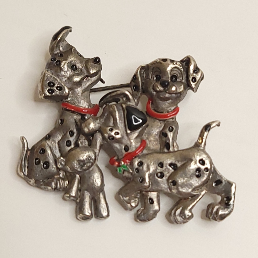 Vintage 101 Dalmatians Christmas Brooch Disney Pewter Puppy Dogs